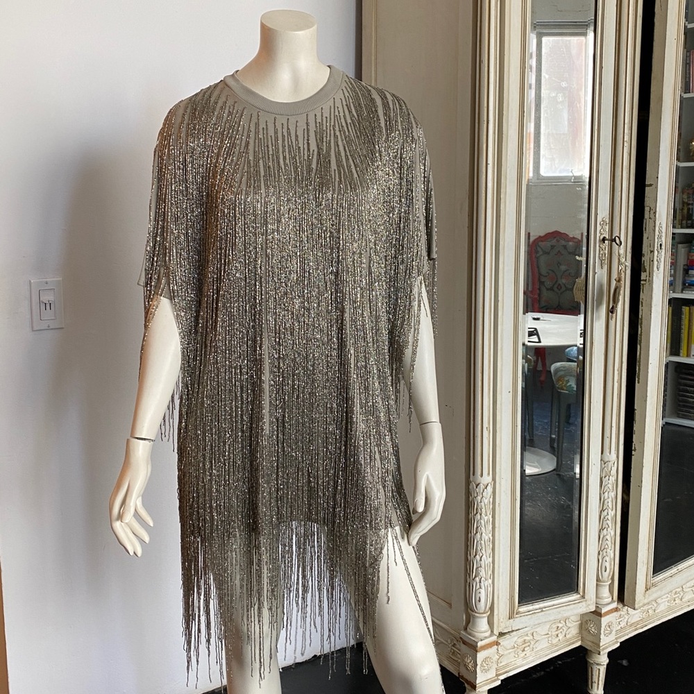 Silver beaded fringe shift dress